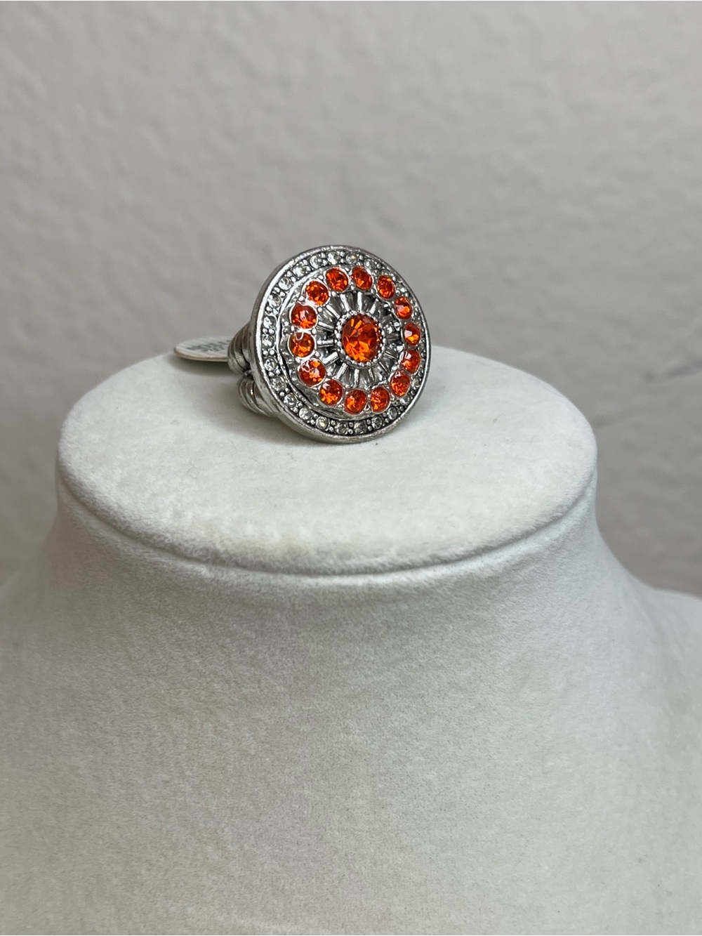 Silver Tone Orange Rhinestone Chunky Statement Ring Woman Size 7